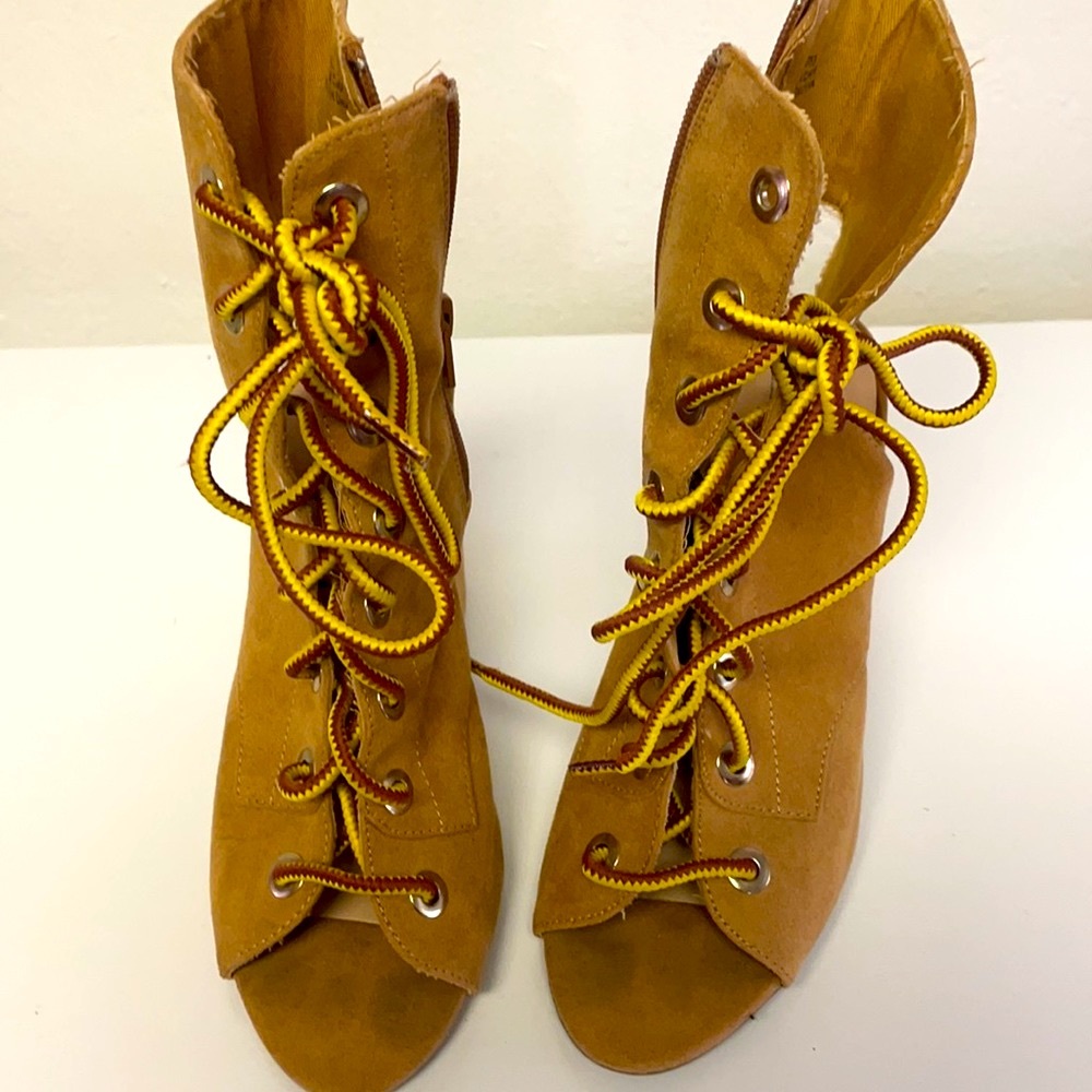 - Forever 21 open toe lace up boot tan boot sandals size 6